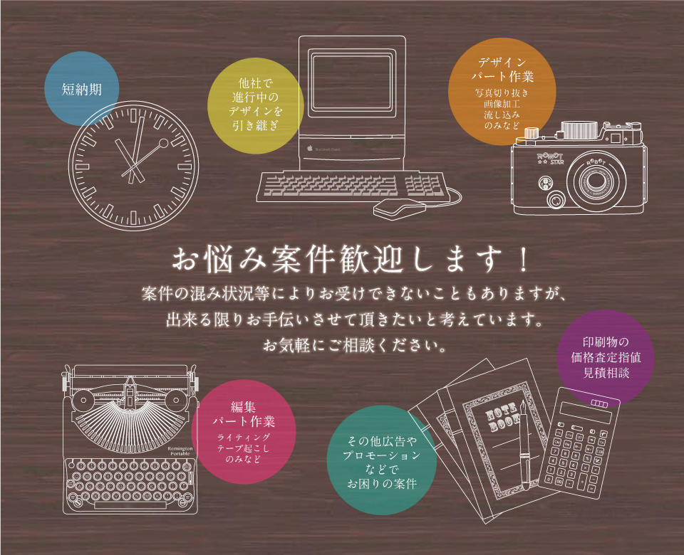 広告デザイン・編集プロダクション有限会社Piece (ピース)ではお悩み案件歓迎します！お気軽にご相談下さい。